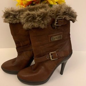GUESS Brown Leather Boots with fur lining and brass buckle size 7